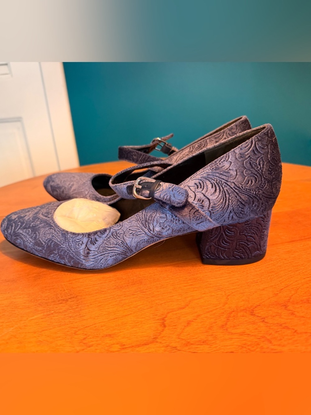 Via Spiga Navy Embossed Mary Jane Block Heel Pumps